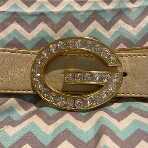 Vintage 00s Y2K Guess Gold Metallic Belt w/ Gold Buckle, Rhinestone Bling LARGE